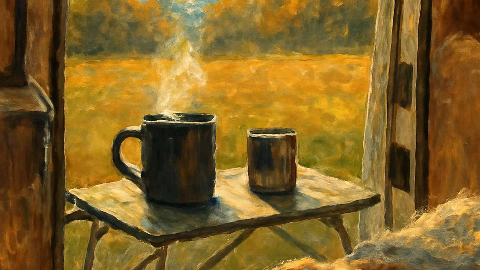 An impressionist oil painting of a steaming dark mug and a small tin beside it on a fold-out camper table, with morning light on a meadow through the open door