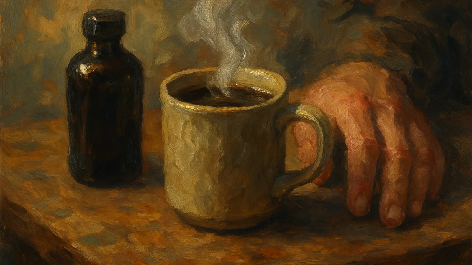 An impressionist oil painting of a small dark glass bottle beside a steaming mug on a worn wooden table in low light, with one hand resting on the table