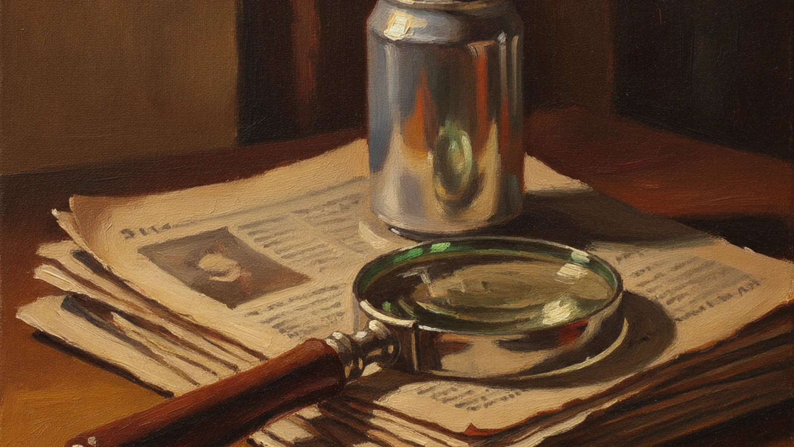 A painting of a magnifying glass on a stack of newspaper cuttings beside a drink can