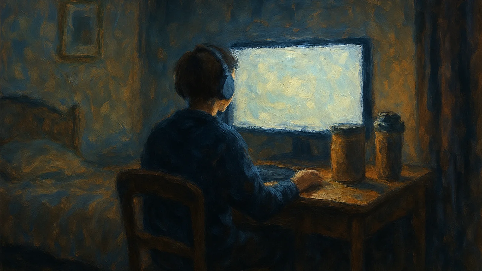 An impressionist oil painting of a dim bedroom lit by a monitor, a young streamer at a desk with a tub of energy powder and a shaker beside the keyboard