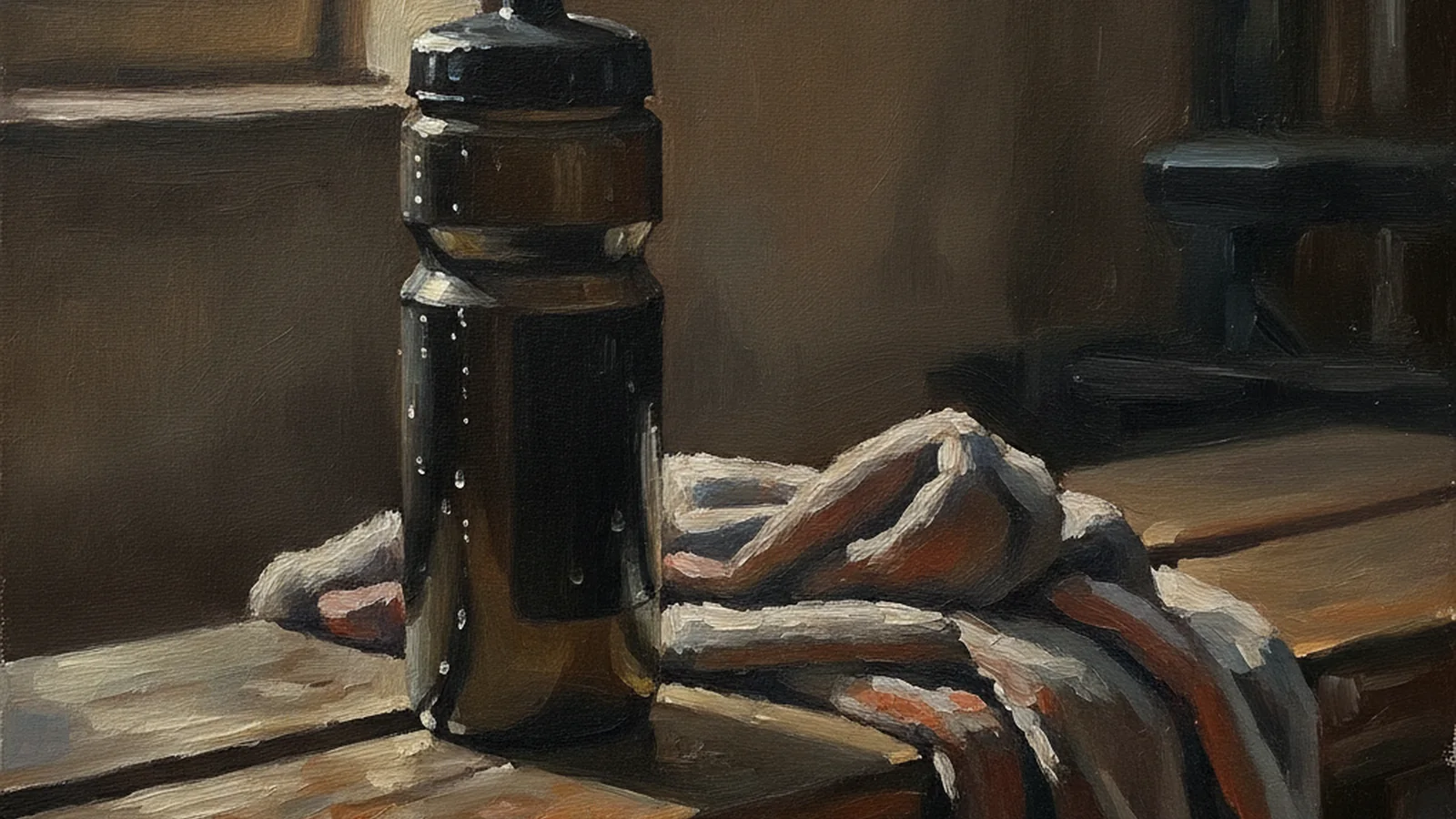 A painting of a condensation-covered sports bottle on a gym bench beside a towel