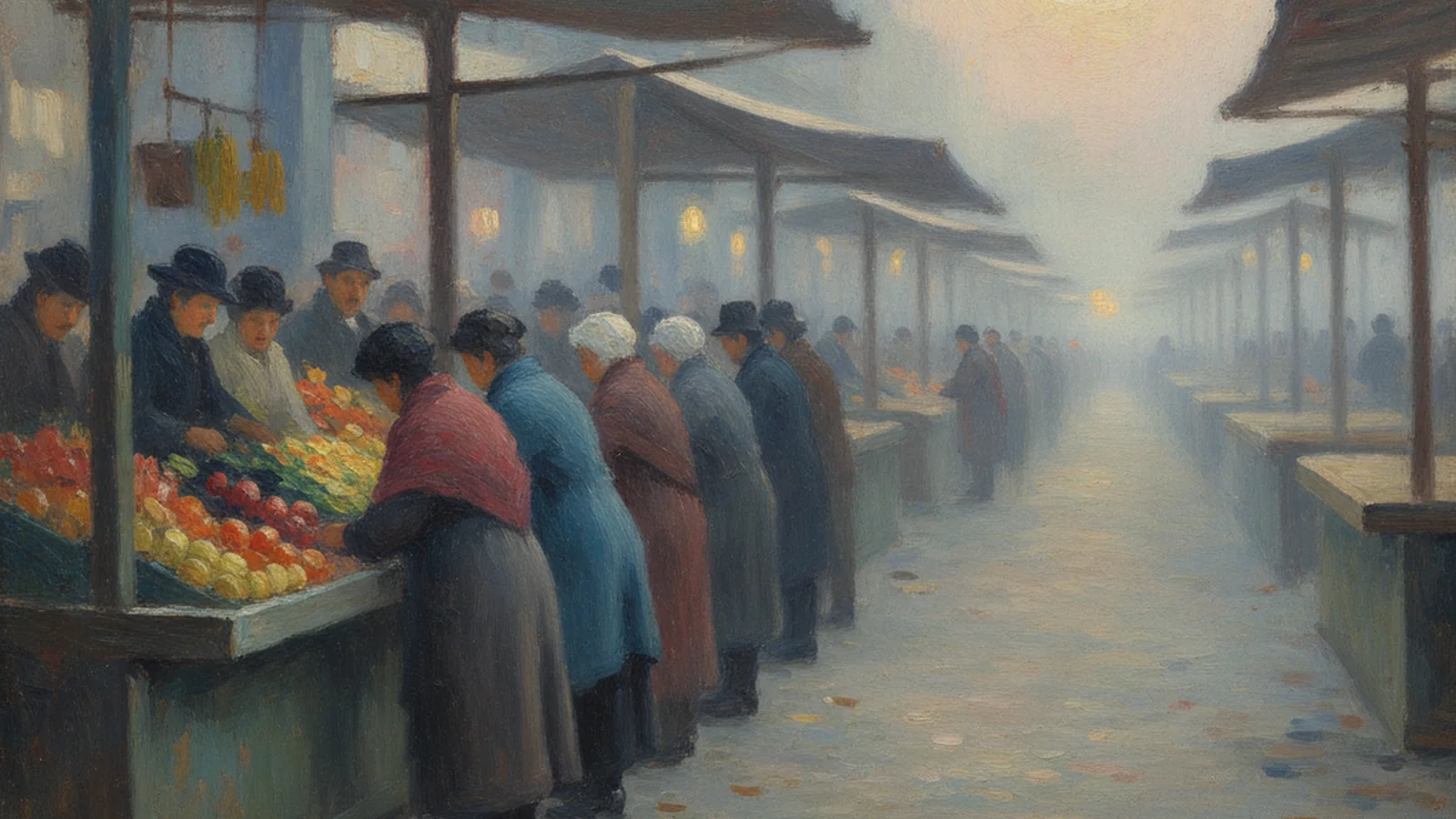 An impressionist oil painting of a small crowded market stall where a dozen buyers press against one counter, while a long row of empty counters stretches away beside them in soft light