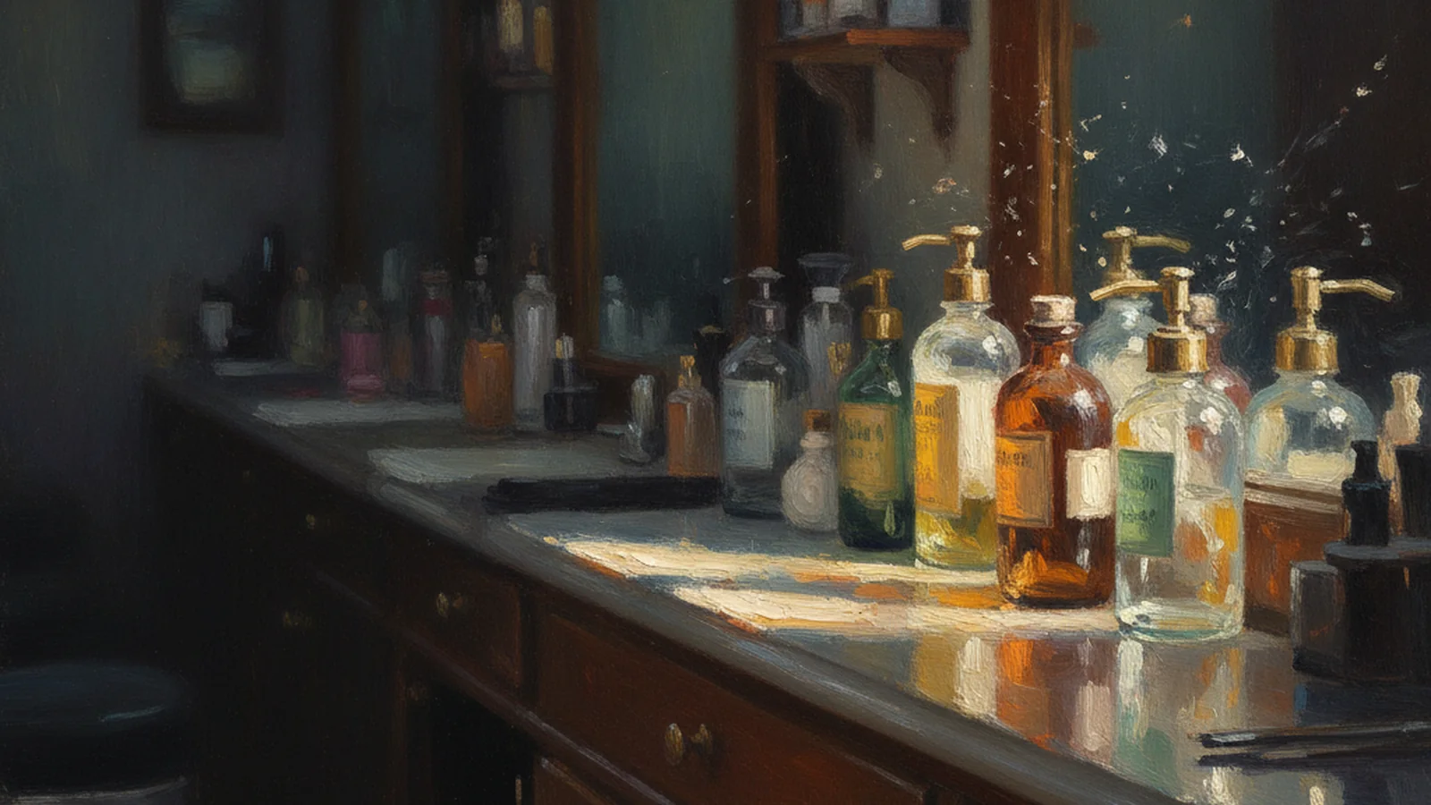 An impressionist oil painting of a barbershop counter at first light with a full row of grooming bottles catching the sun, and a beauty counter behind it left in darkness
