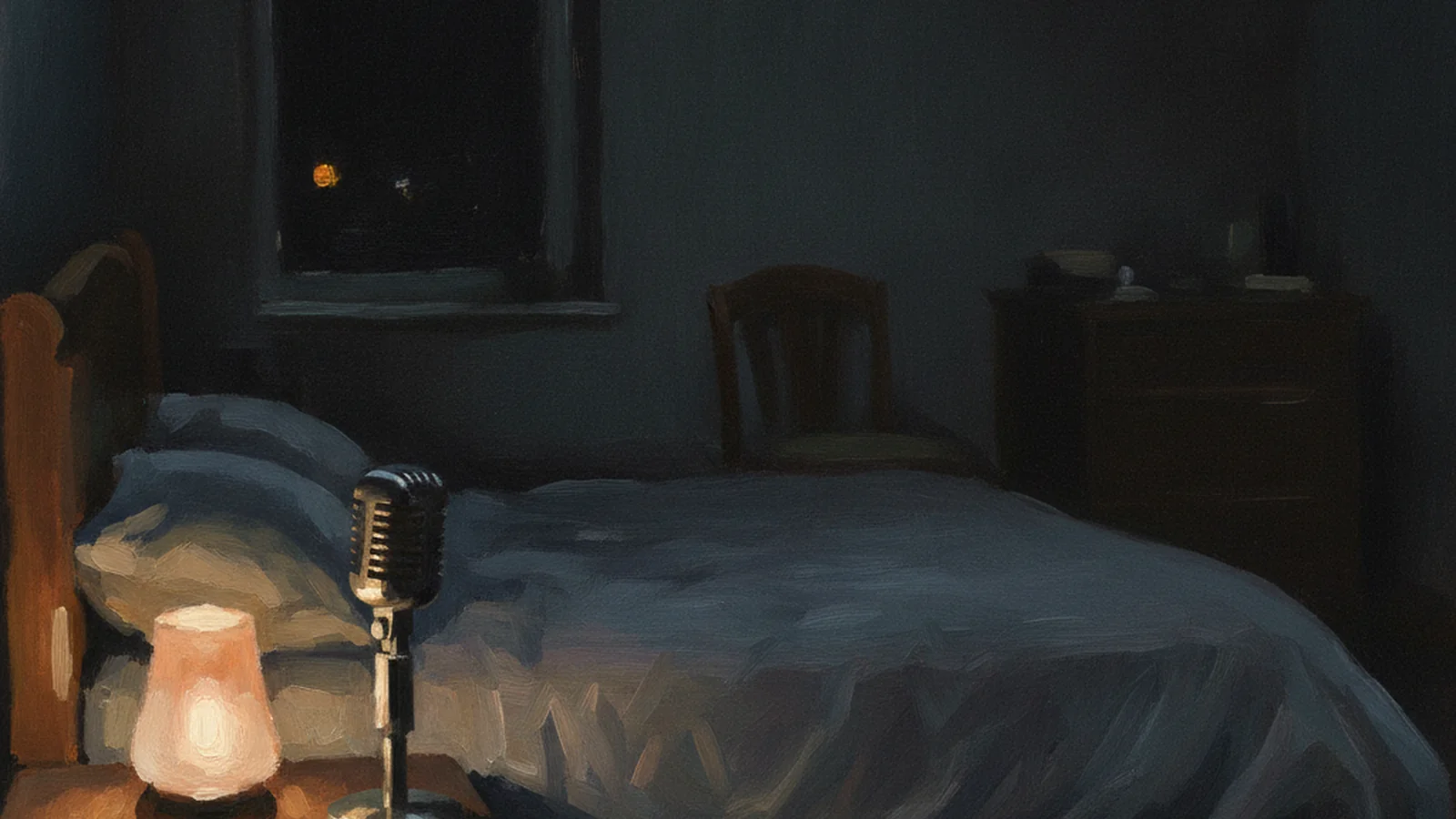 An impressionist oil painting of a dark bedroom late at night, one small lamp lit beside a microphone on the nightstand and the rest of the room in shadow