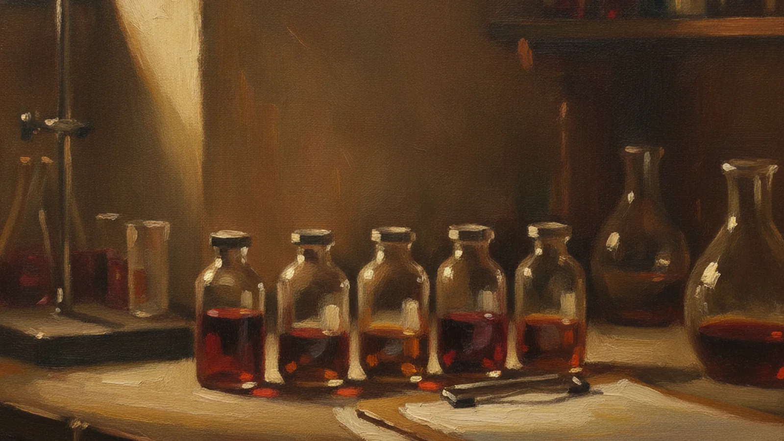 A painting of sample bottles in a row on a laboratory bench beside a clipboard
