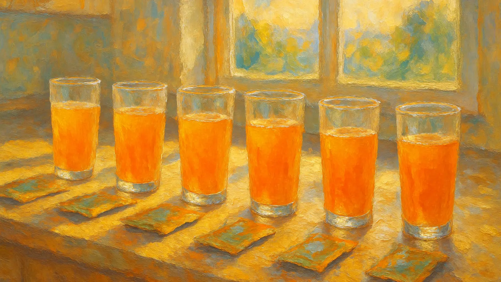 An impressionist oil painting of a kitchen table in strong morning light, six identical glasses of the same orange drink standing in a row above six sachets