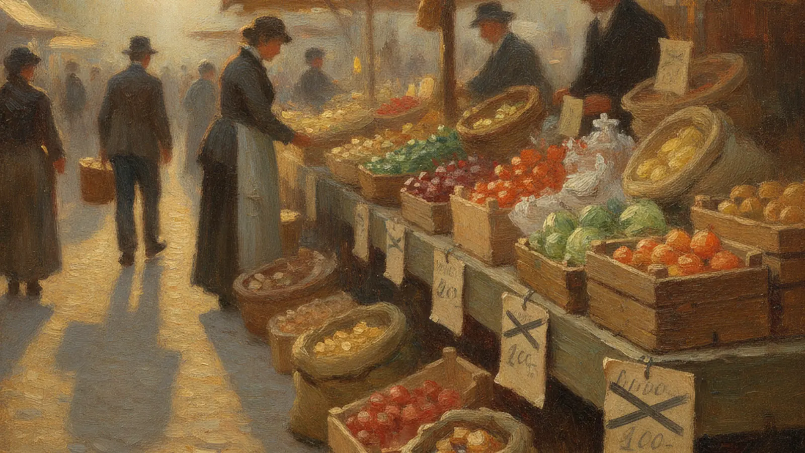 An impressionist oil painting of a market stall at dawn where every crate carries a small handwritten price card, and the cards nearest the front have been crossed out and written again