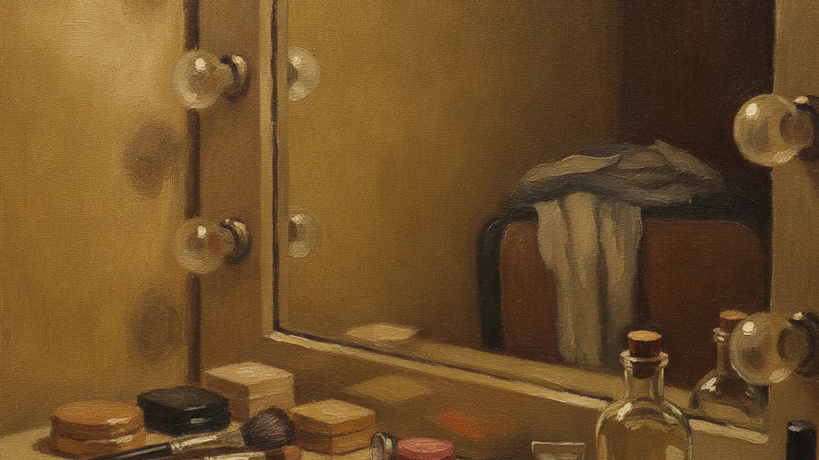 A painting of a dressing-room mirror with one bulb out and a bottled drink below it
