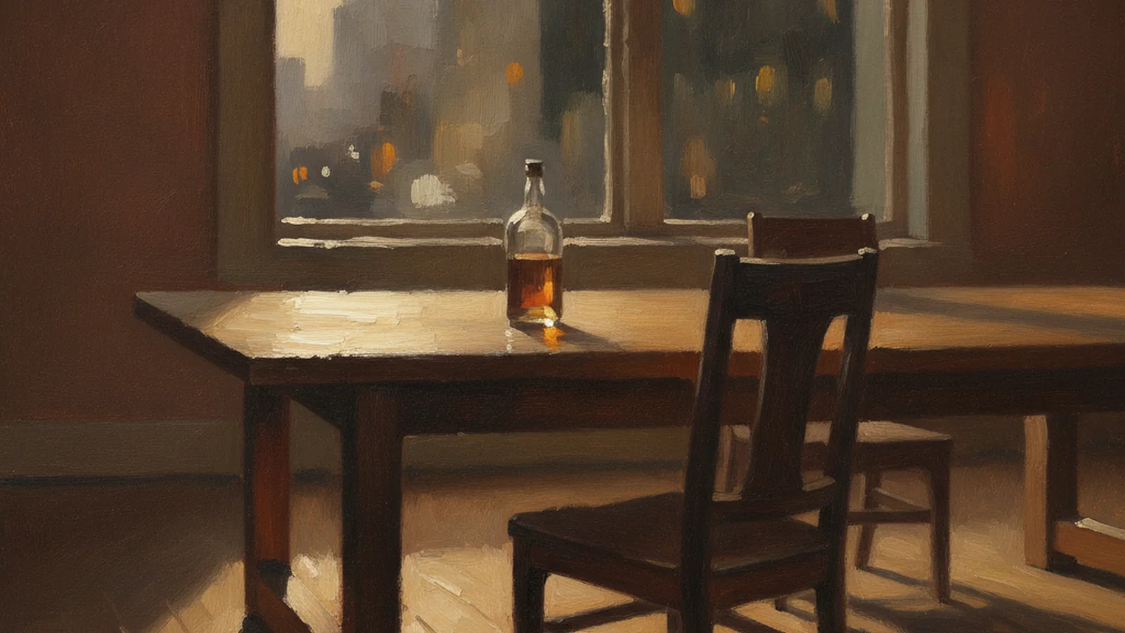 A painting of an empty meeting room at dusk with one bottled drink left on the table