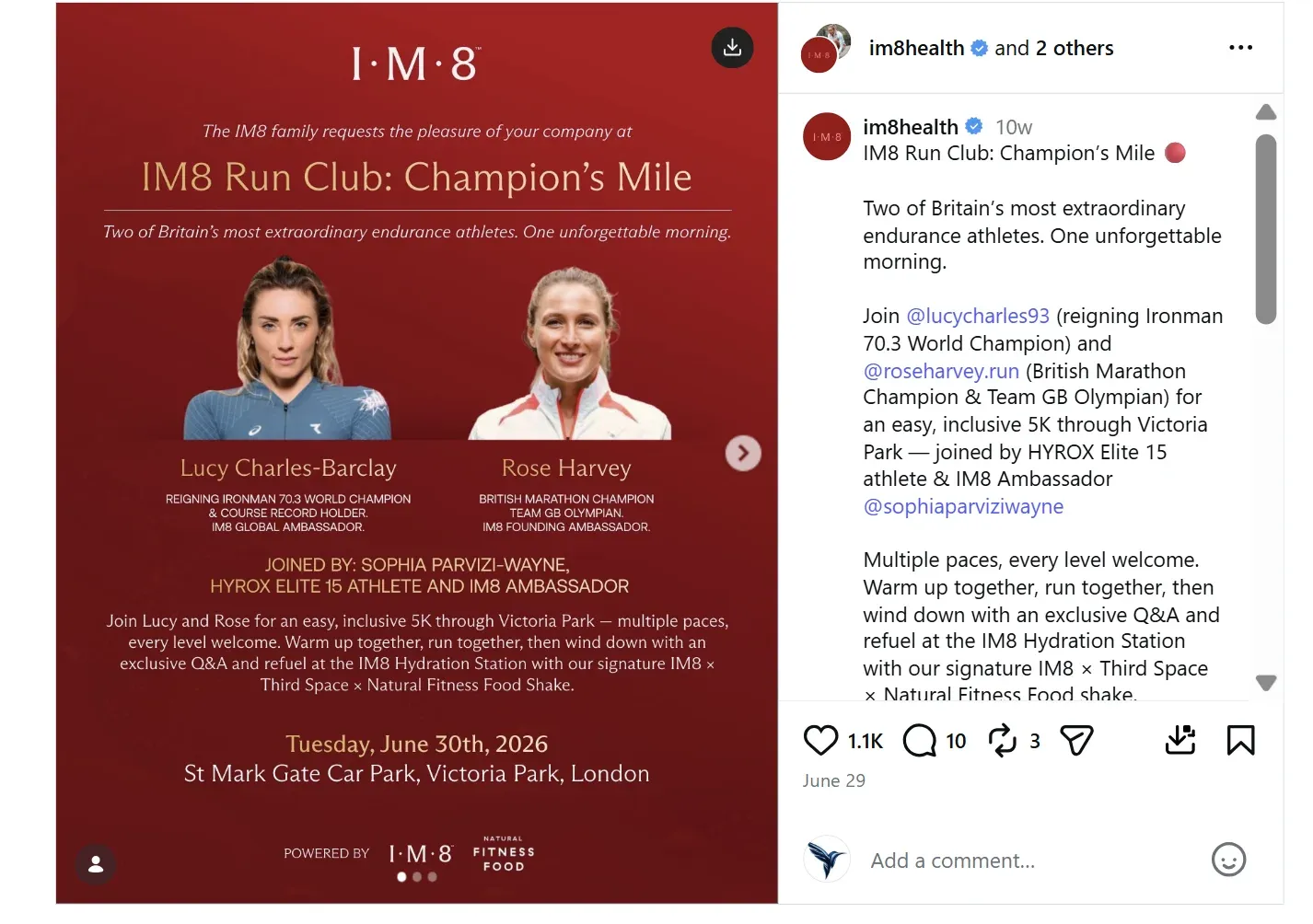 IM8's invitation to the Champion's Mile in London, with photos of Lucy Charles-Barclay and Rose Harvey and the date Tuesday June 30th 2026