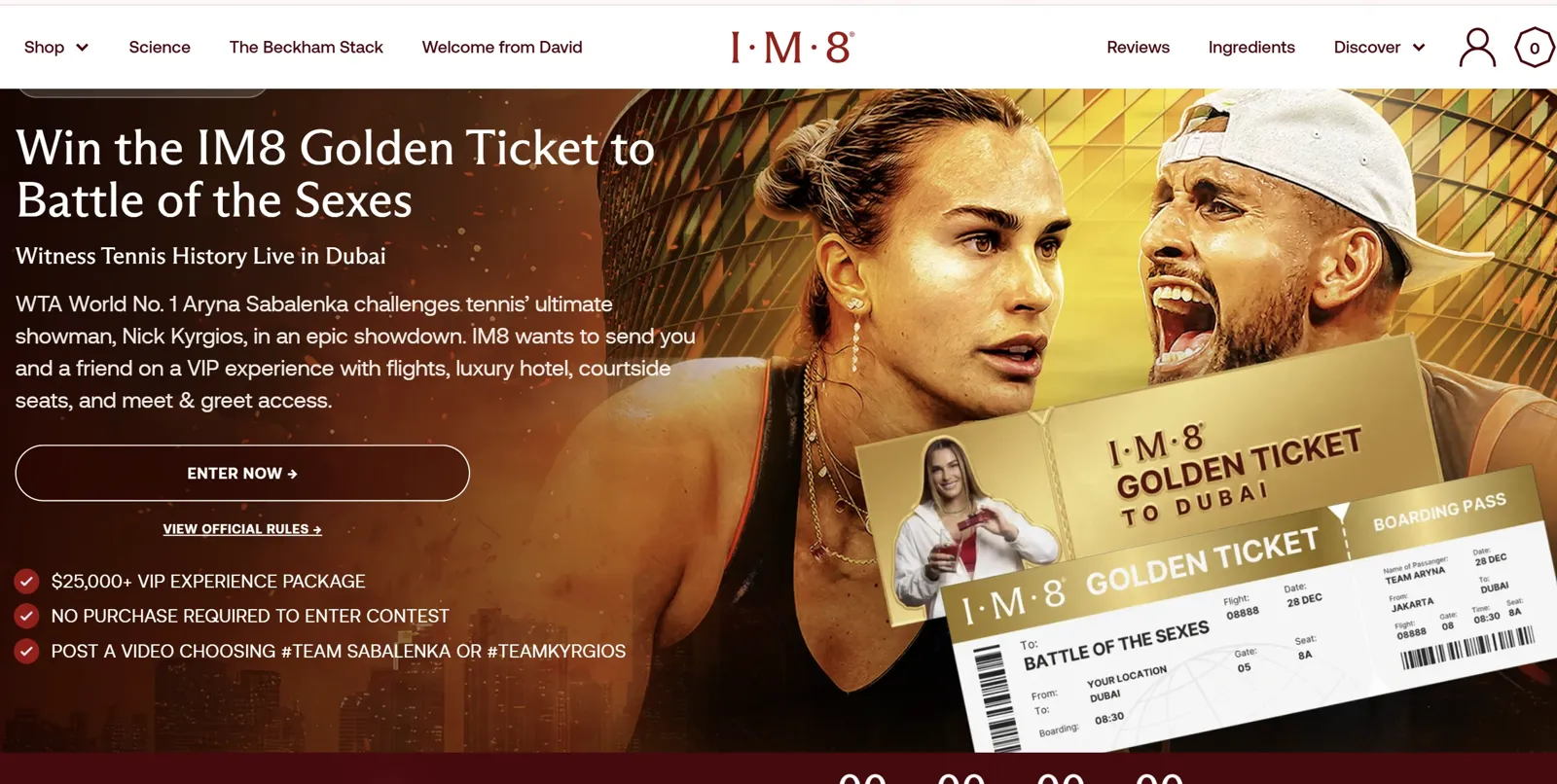 IM8's Golden Ticket page, Win the IM8 Golden Ticket to Battle of the Sexes, with Aryna Sabalenka and Nick Kyrgios