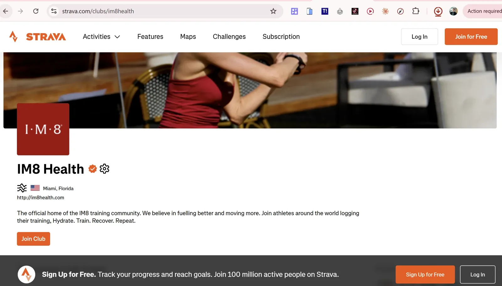 The IM8 Health club page on Strava, with the IM8 logo and the line The official home of the IM8 training community