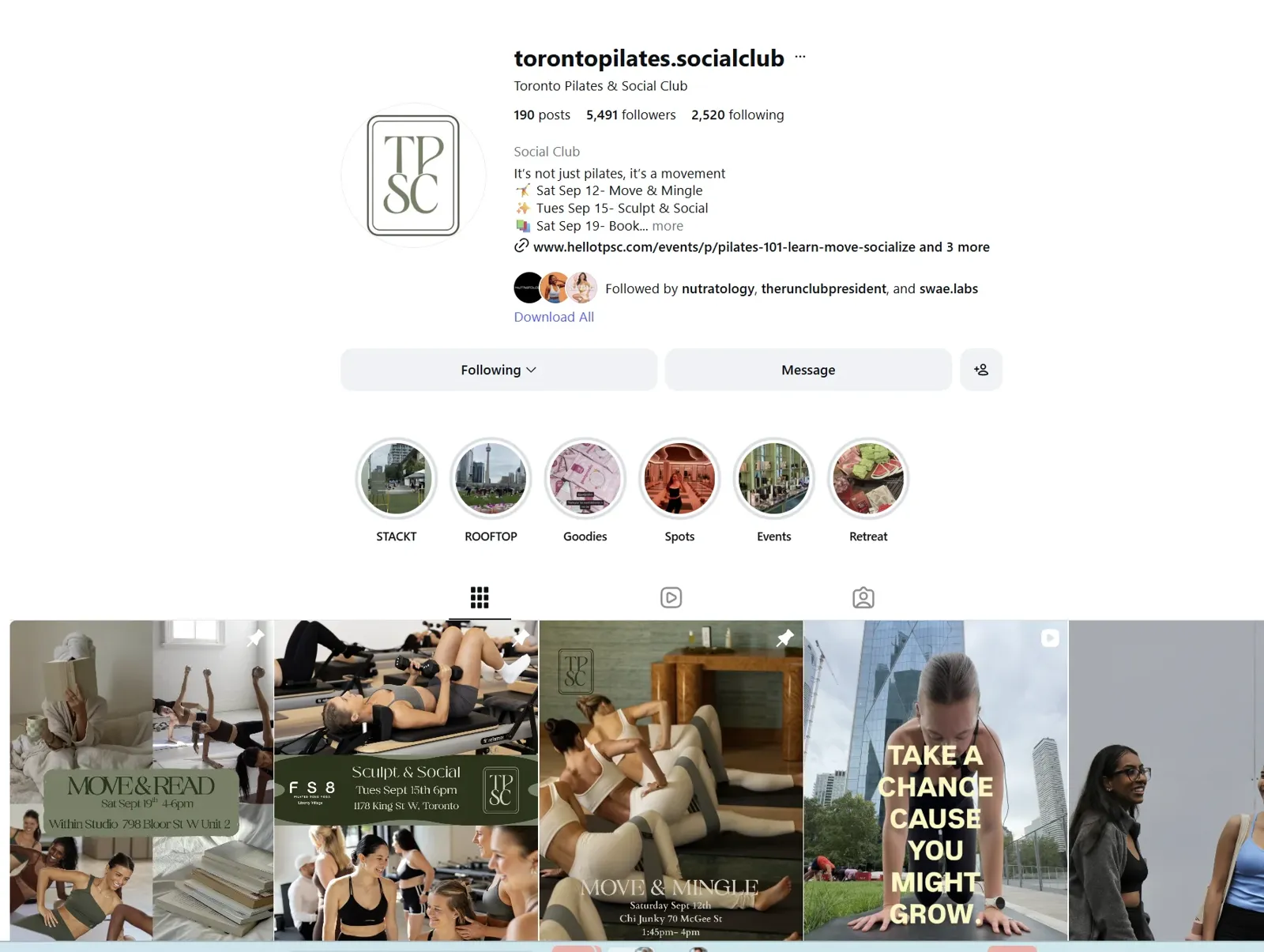 The Toronto Pilates & Social Club's Instagram profile, a Toronto Pilates and social club with 5,491 followers