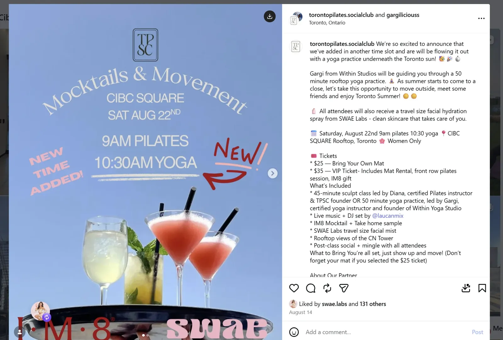 The Toronto Pilates & Social Club's Instagram post for Mocktails & Movement at CIBC Square, listing an IM8 mocktail and take-home sample