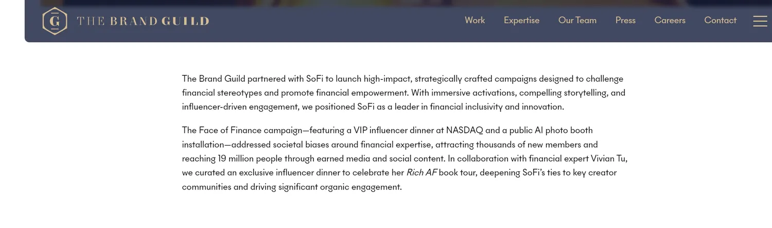The Brand Guild's case study page describing the SoFi Face of Finance campaign and its 19 million reach