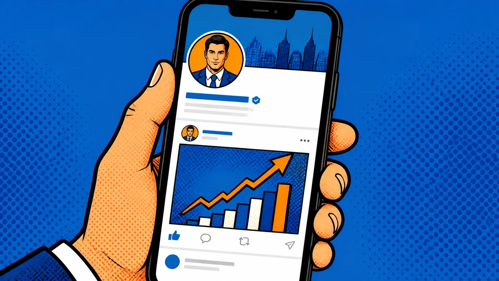A hand holding a phone showing a LinkedIn profile and a post with a rising sales chart