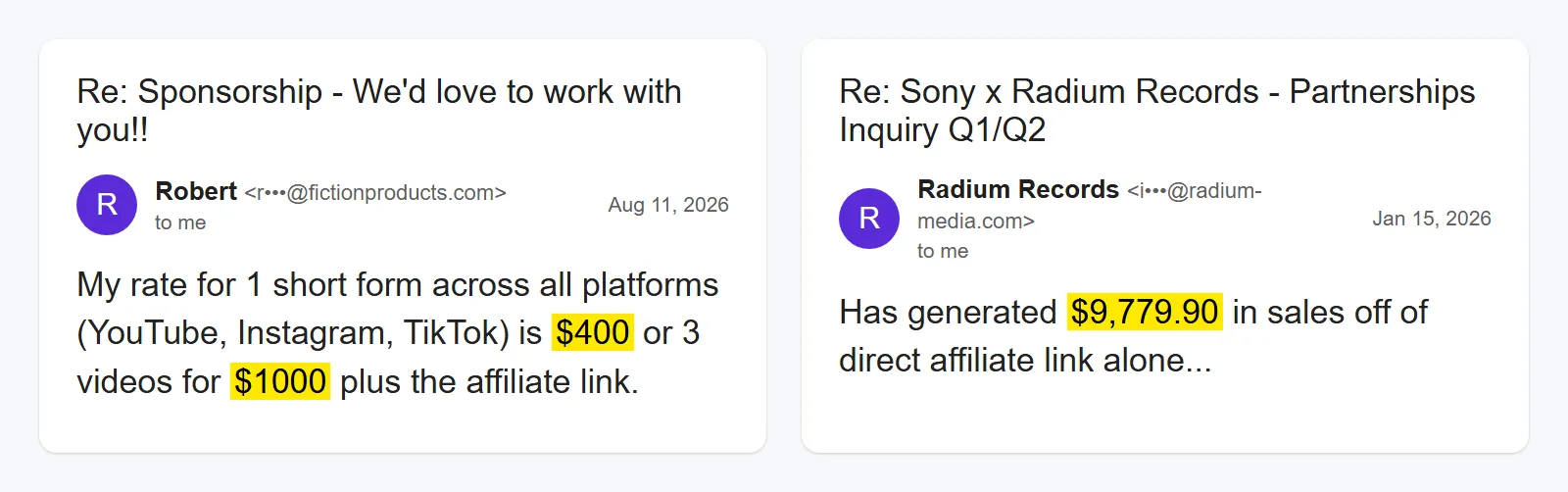 Two creator emails from our inbox: a flat fee offer next to an affiliate link, and what that link sold