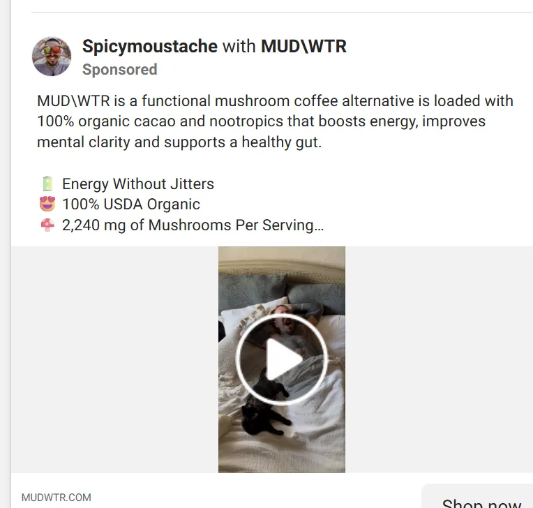 A MUD\WTR partnership ad running from a creator's handle