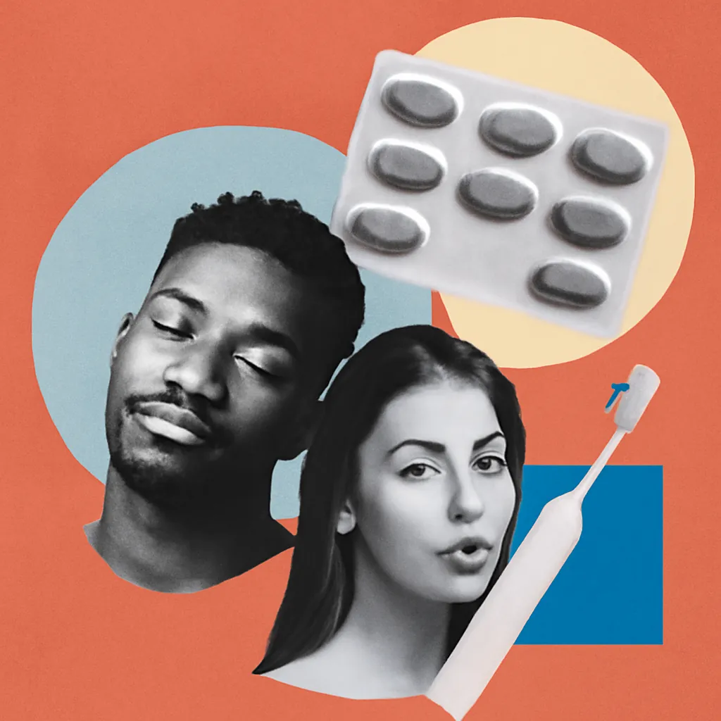 A collage of medication and an applicator, made for Hims and Hers.