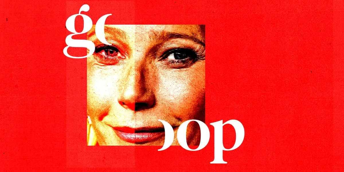 The Goop wordmark over a face split young to old.