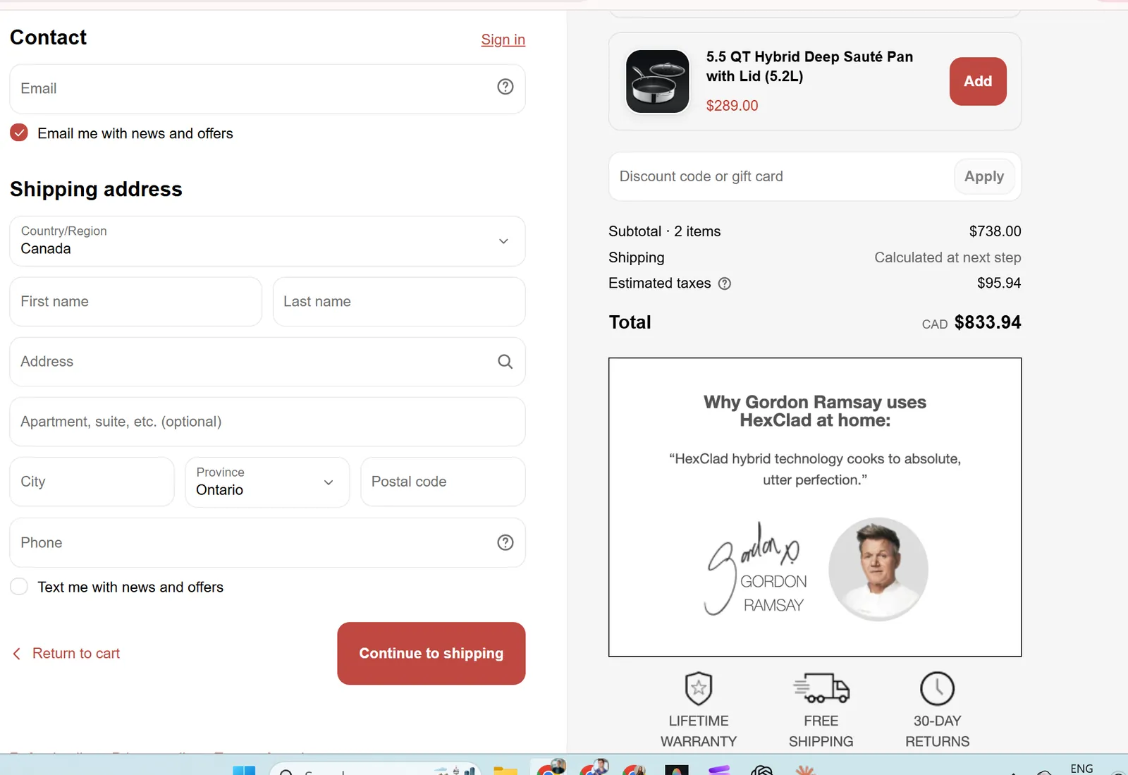 Gordon Ramsay backing HexClad on the checkout page