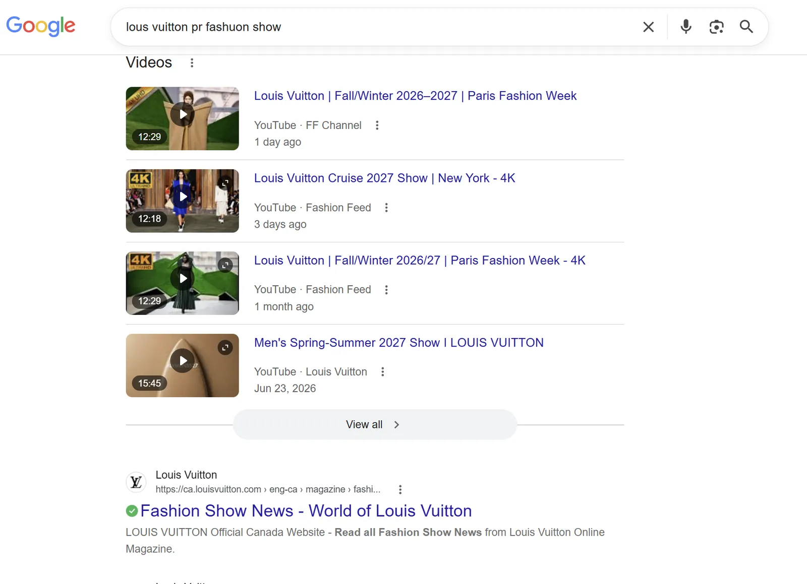 Louis Vuitton show videos filling a Google search