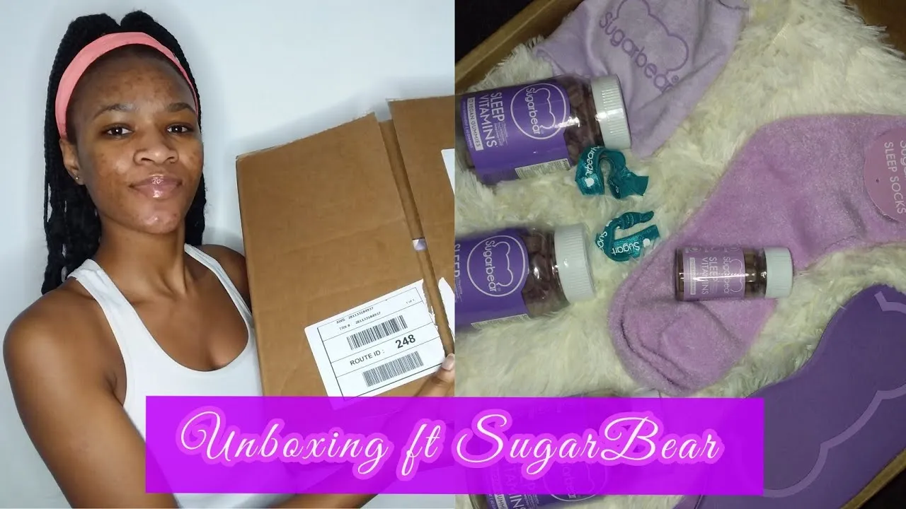Split image: a creator holding an actual cardboard shipping box with a mailing label on one side, and the box's laid-out contents (two Sugarbear Sleep Vitamins bottles, branded sleep socks, a sleep mask) on the other, titled 'Unboxing ft SugarBear'
