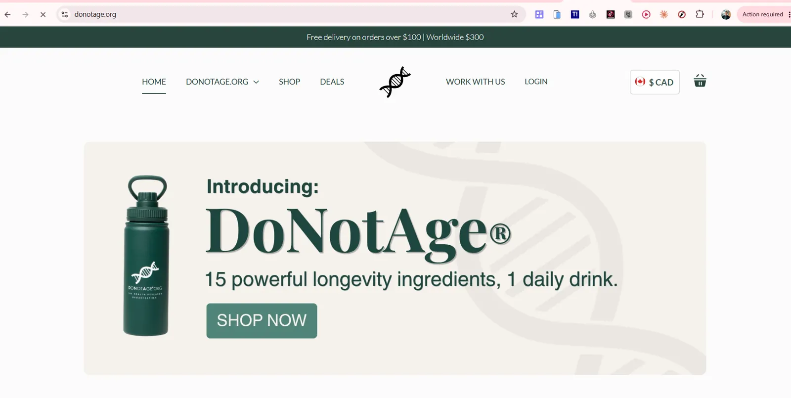DoNotAge's own homepage for its longevity drink