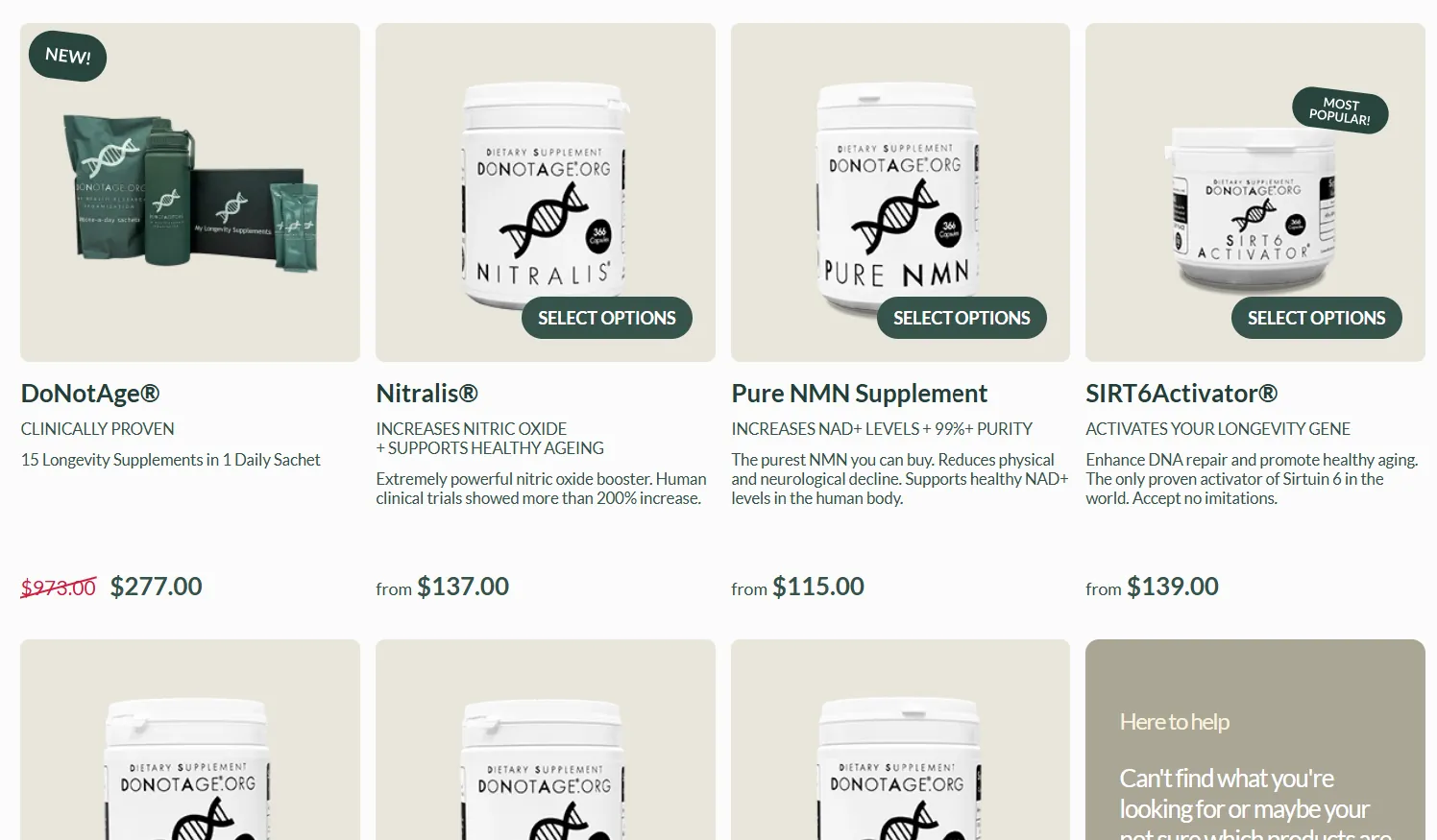 DoNotAge's product page showing its supplement lineup