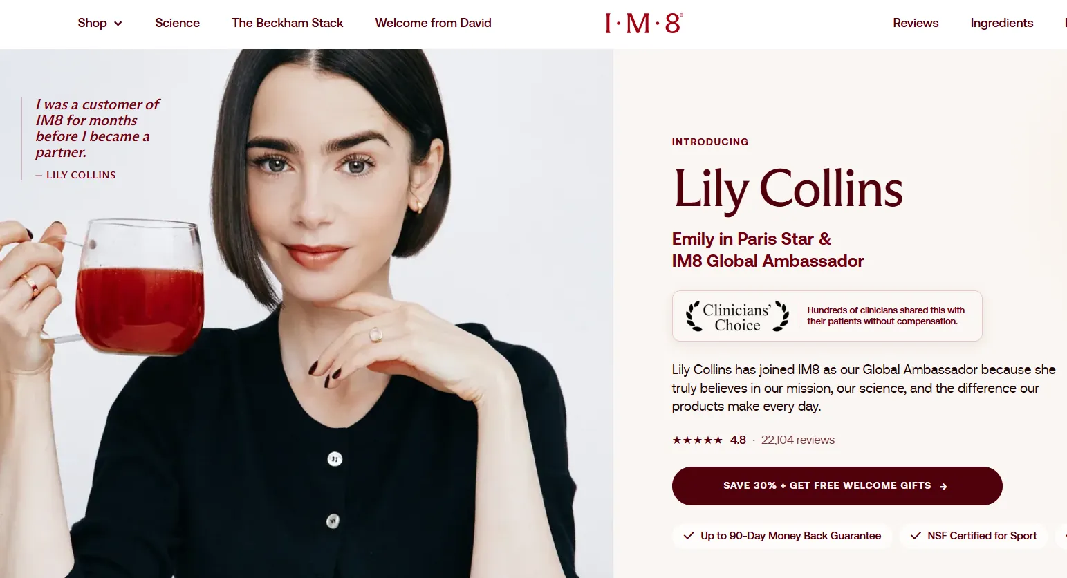 IM8's website naming Lily Collins as its global ambassador