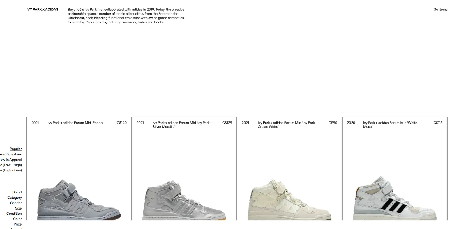 An Ivy Park by adidas product page, the Beyonce co-created line