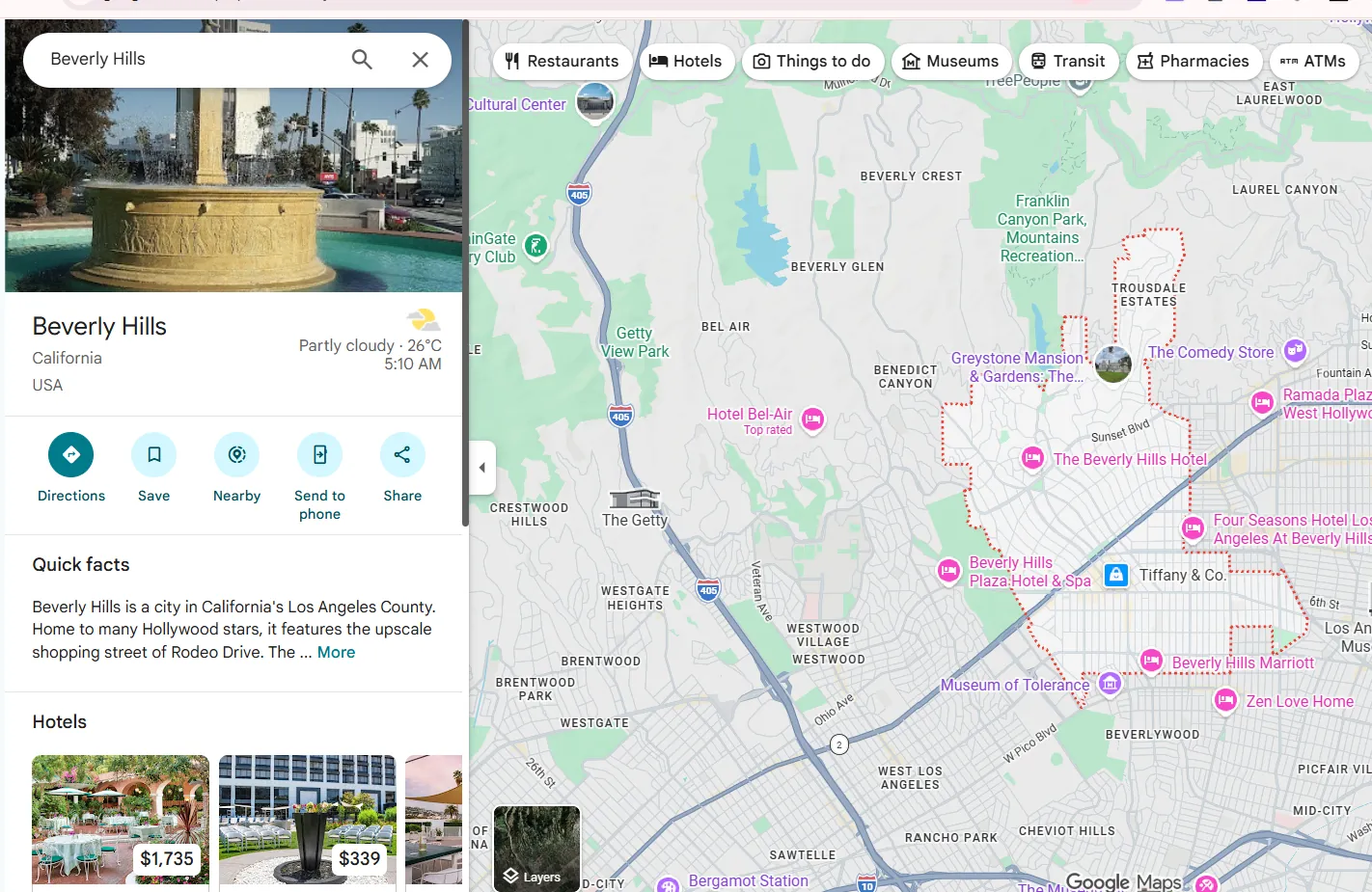 Beverly Hills shown on Google Maps, near the hotels and agencies