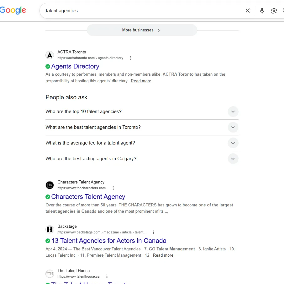 A Google search for talent agencies, with results and related questions