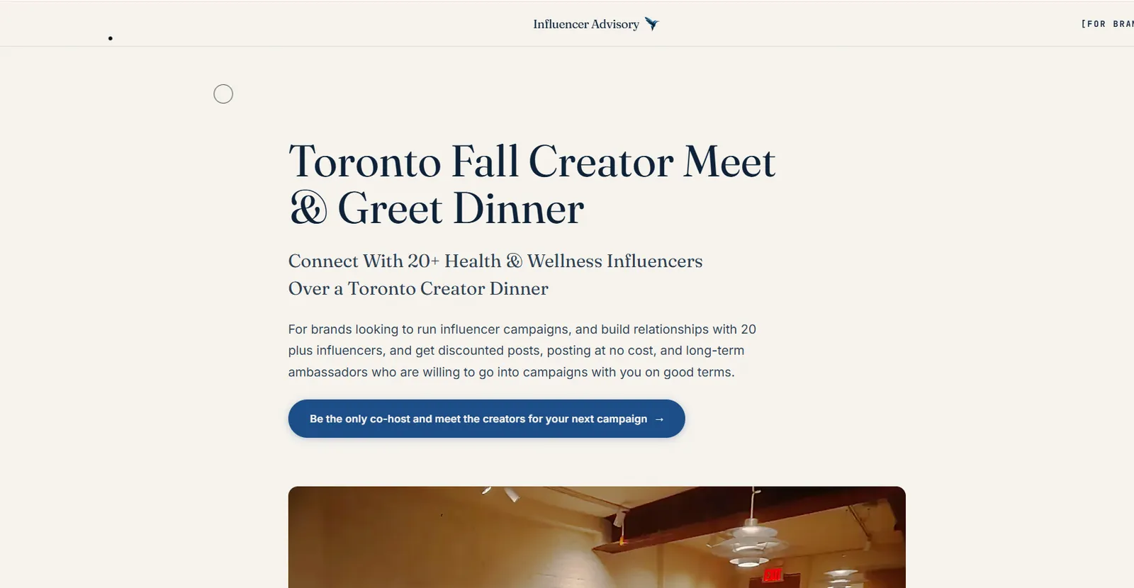 Our own landing page inviting brands to a Toronto creator dinner