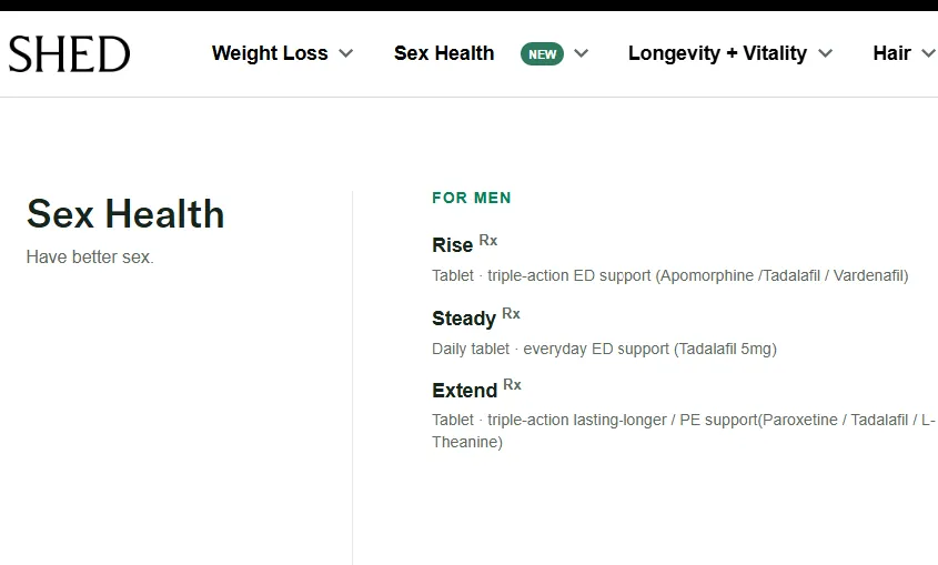 Shed's own Sex Health page, listing Rise, Steady and Extend