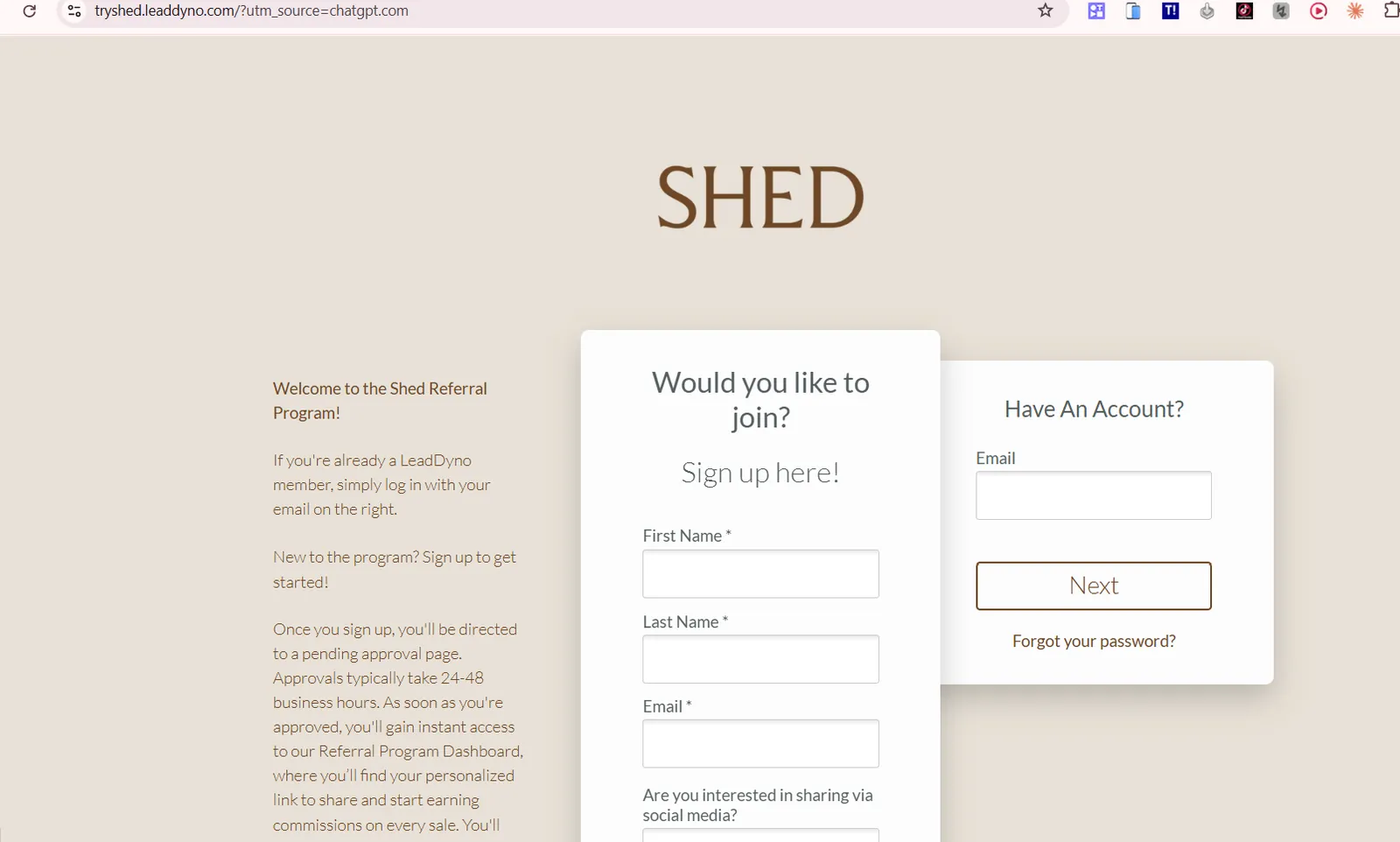 Shed's own referral program sign up page, run through LeadDyno