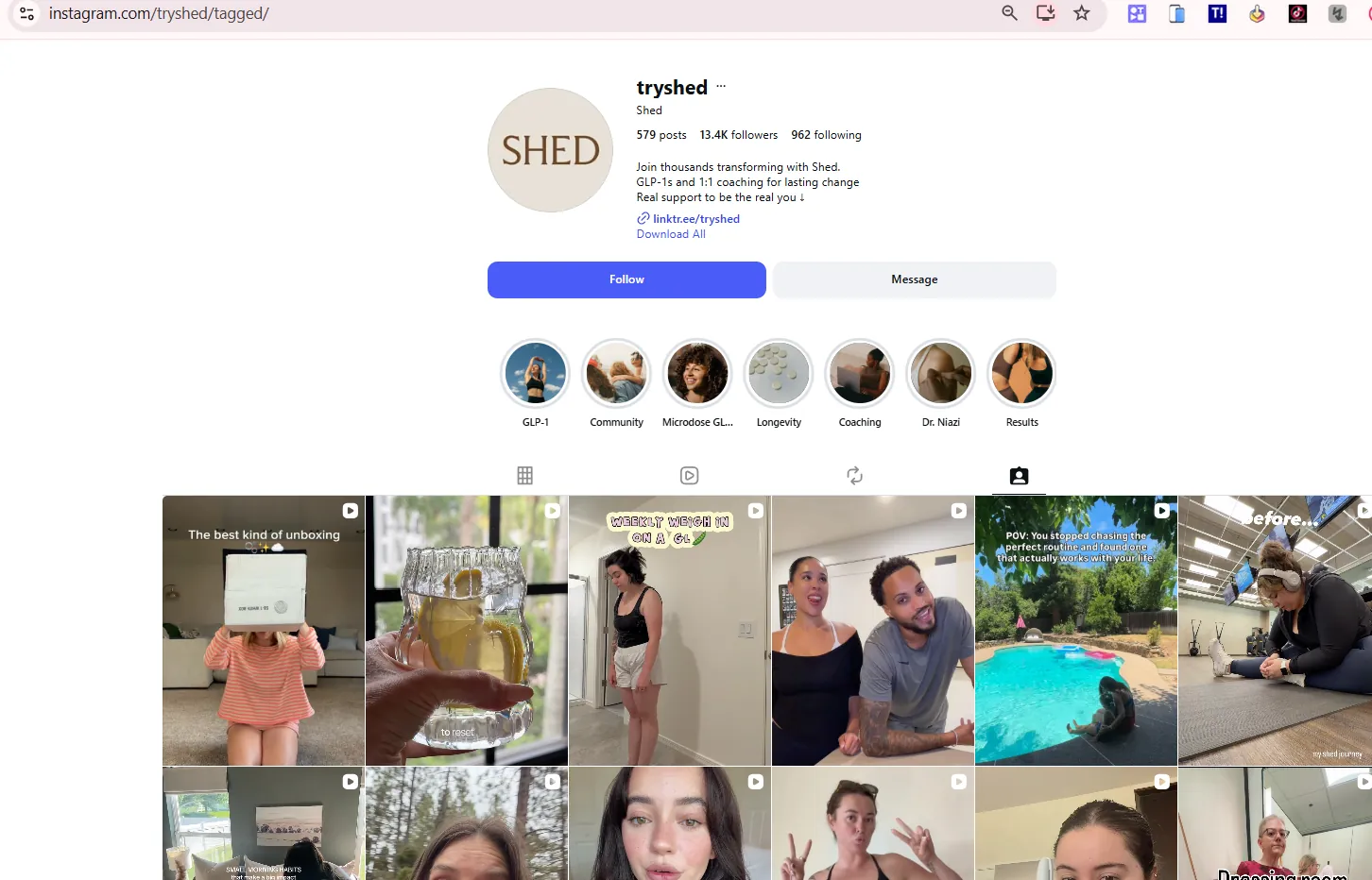 Instagram's tagged tab, showing everyone who has posted about Shed