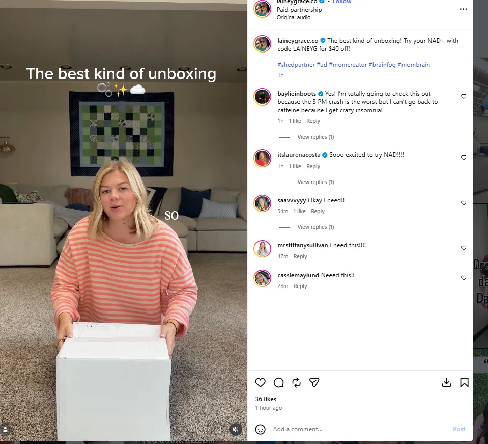 A creator's paid partnership post unboxing Shed's NAD+ product