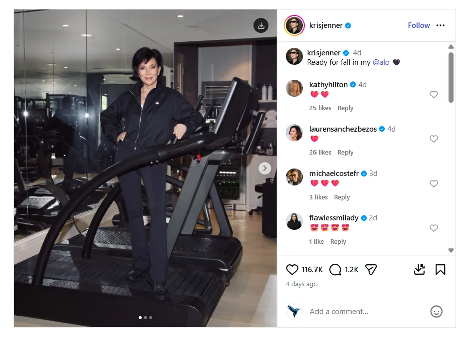 Kris Jenner's Instagram post modeling Alo, used as a celebrity example