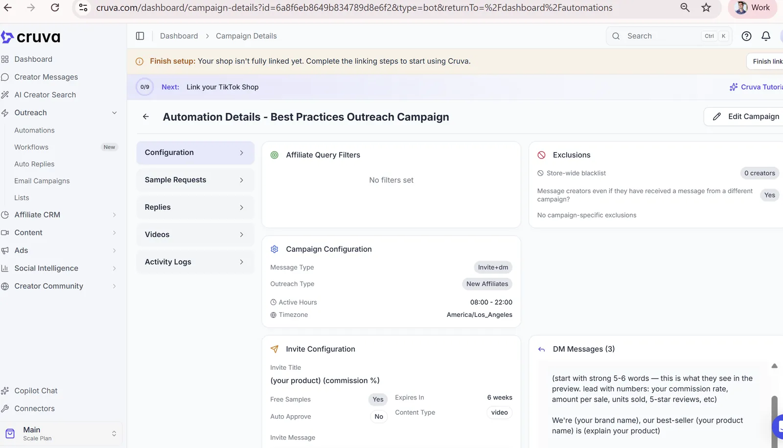 Cruva's automation details screen for a creator outreach campaign