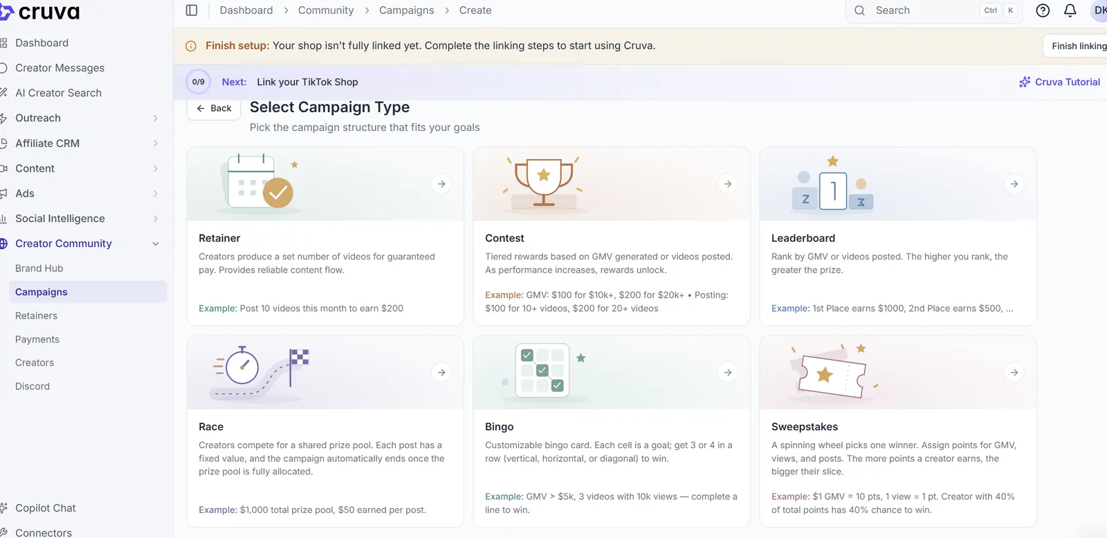 Cruva's six campaign types for running a creator affiliate program