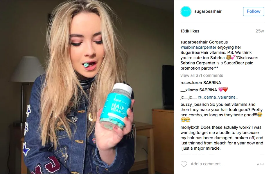 The brand's repost of Sabrina Carpenter, with the paid partnership disclosure spelled out.