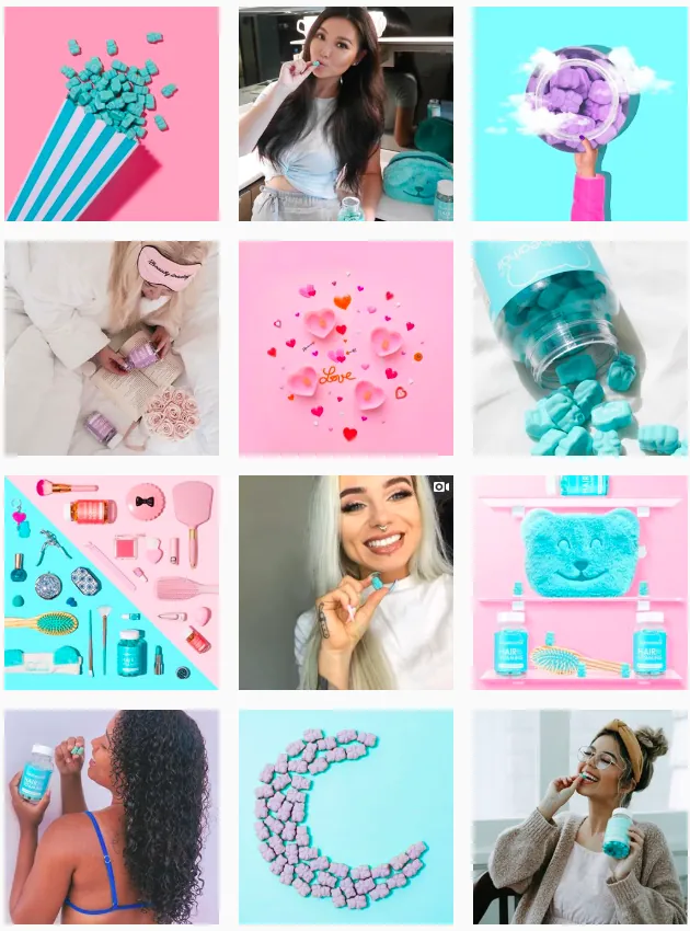 The brand's Instagram grid, teal and pink product shots and creators holding the bottle.