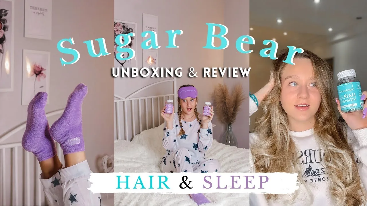 A video thumbnail for a Sugar Bear hair and sleep unboxing and review.
