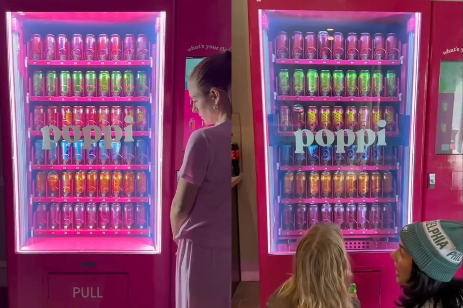 people looking into a lit-up, branded poppi vending machine, stocked with cans