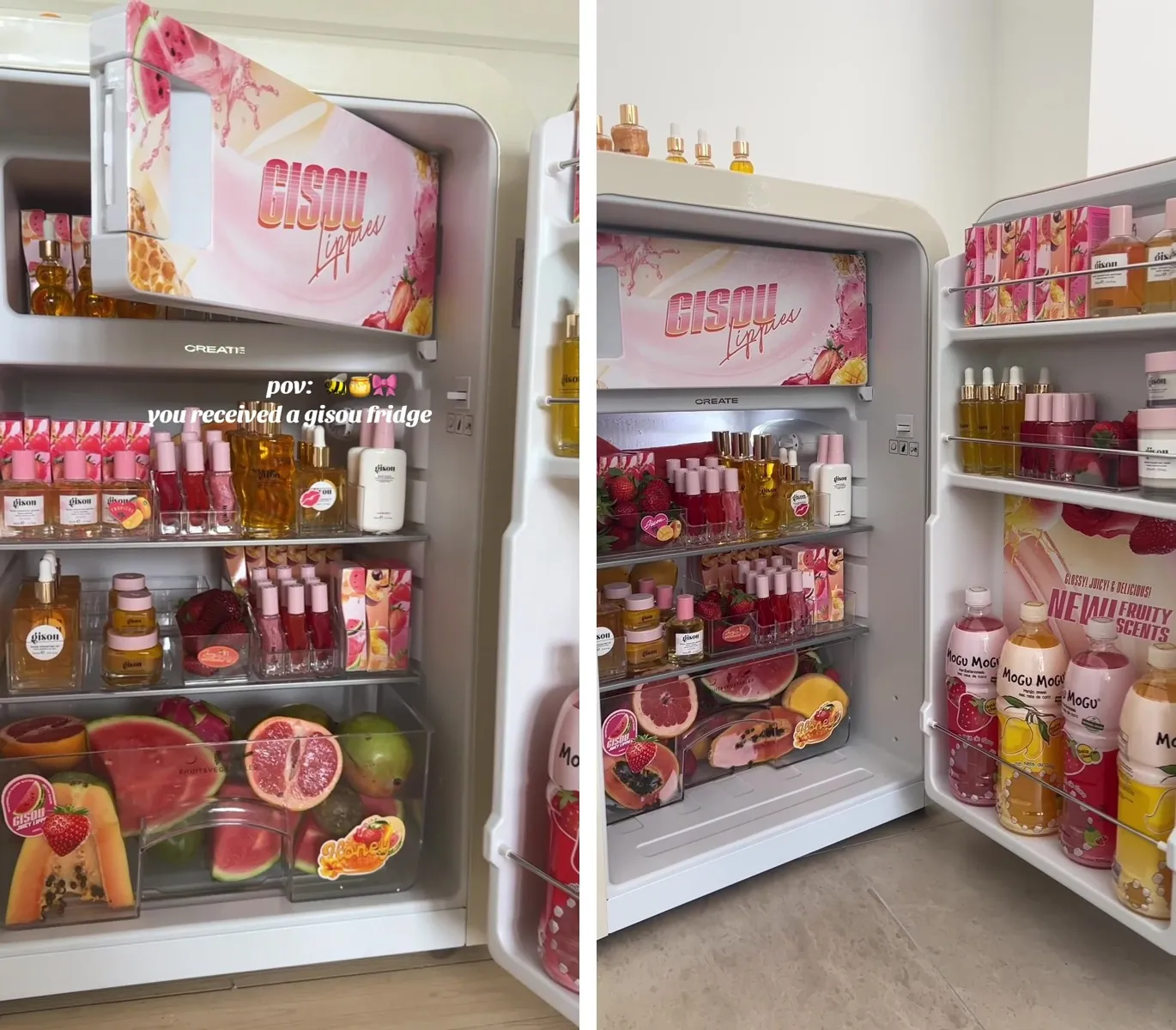 Left, Anna Astrup's cover frame, every shelf lined in Gisou oils and lip tints and the bottom drawer full of cut fruit. Right, the same fridge from another creator, the door full of juice bottles under a panel that says new fruity scents