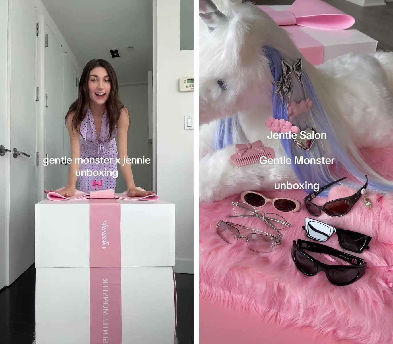 Left, Kate Bartlett leaning on a white box nearly waist high, wrapped in a pink Jennie and Gentle Monster band with a giant bow. Right, what was inside, a giant plush unicorn with a lilac braided mane and six pairs of glasses on pink fur. Filmed on a front camera, so the writing reads backwards