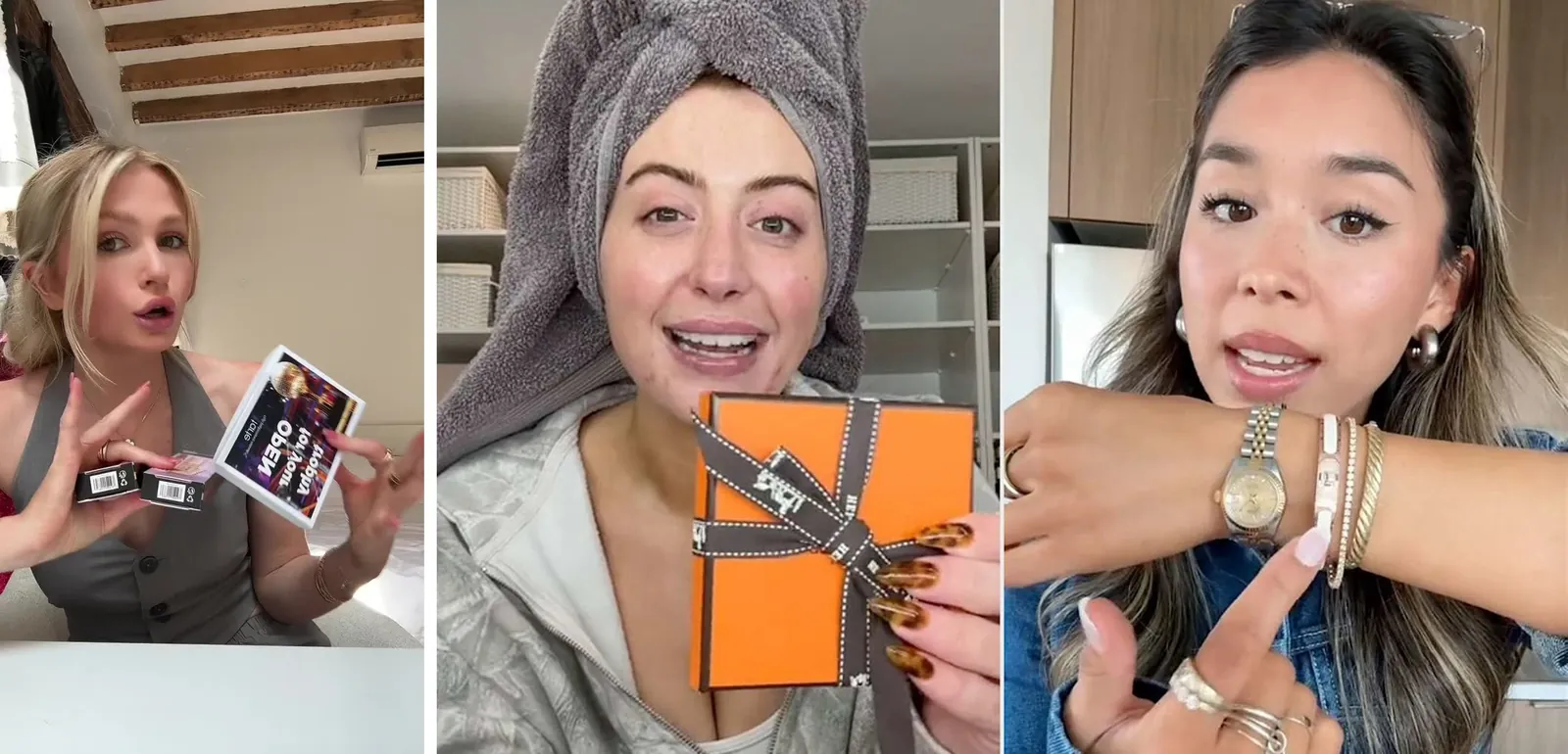 Left, Halley Kate holding the Tarte box printed with a disco ball and the words open for your trophy. Right, two other creators, one holding the orange Hermès box and one wearing the bracelet. Filmed on a front camera, so the writing reads backwards