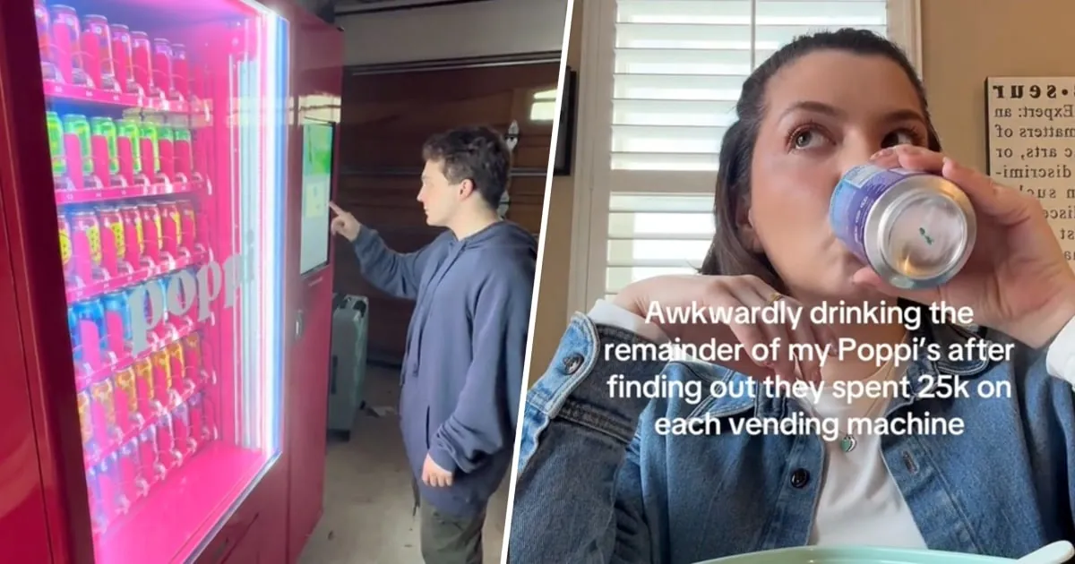Left, a creator tapping the screen on a glowing pink poppi vending machine at home, right, a viewer drinking a can with the caption about 25k per machine