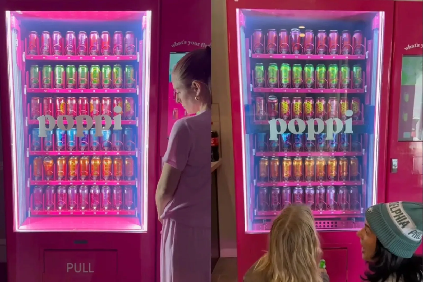 Two creators' machines side by side, tall magenta cases lit pink, six rows of cans sorted by flavour
